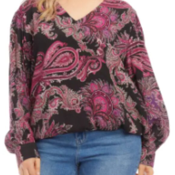 Karen Kane Paisley Balloon Sleeve V-Neck Crepe Blouse - Picture 8 of 8